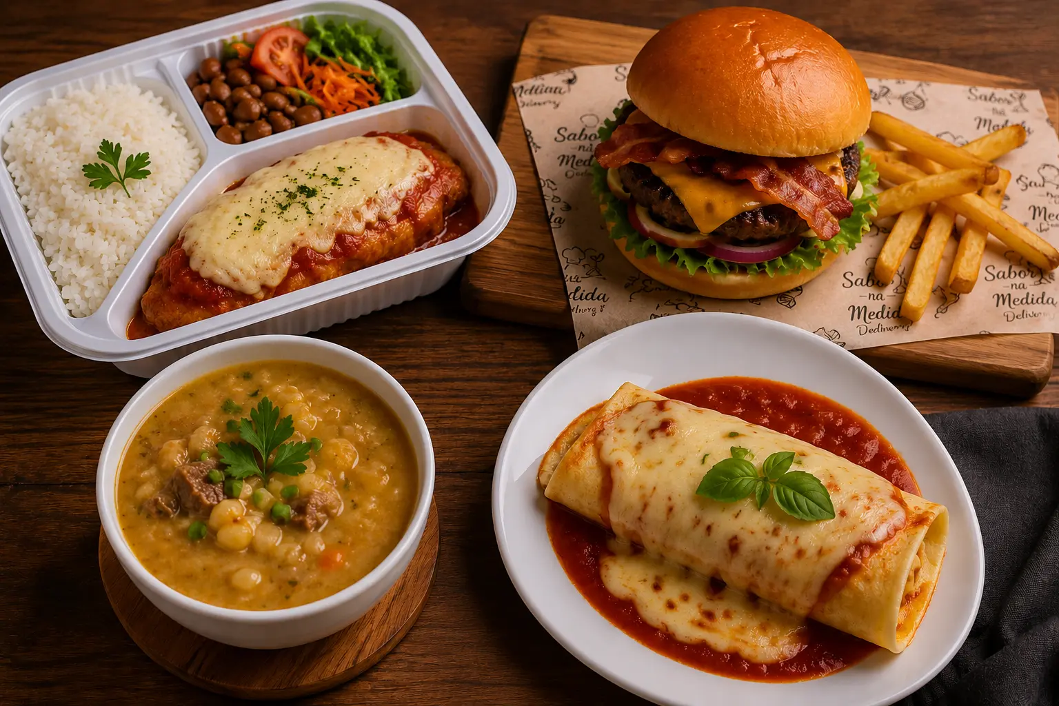 Marmita, X-bacon com fritas, caldo e panqueca de queijo — pratos caseiros do Sabor na Medida